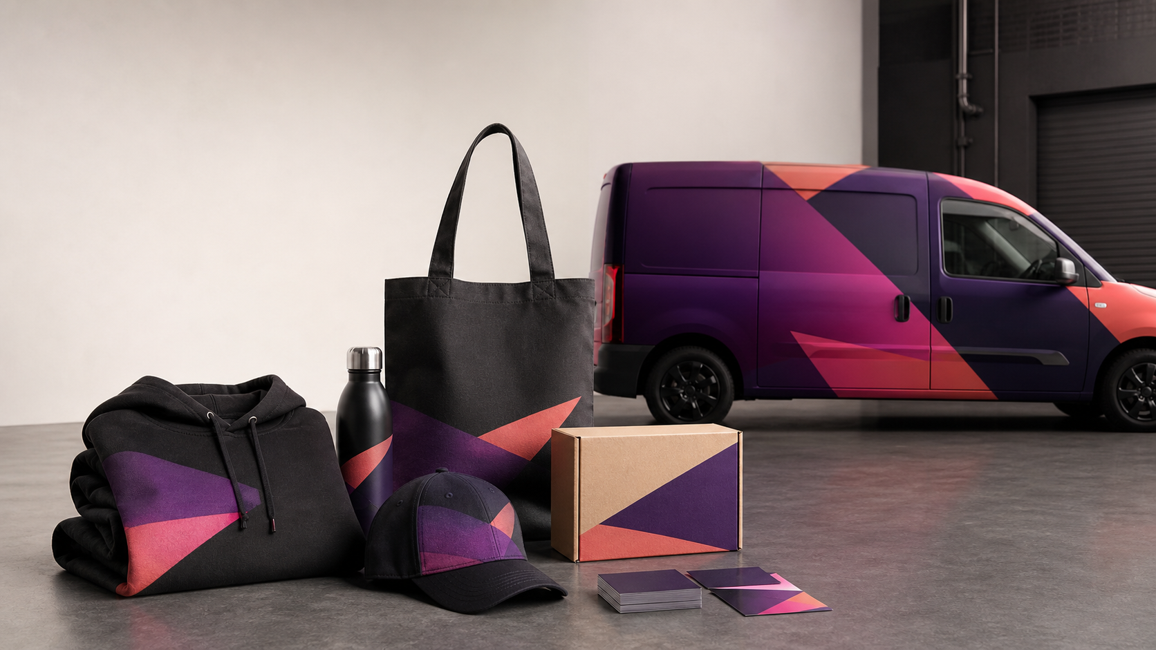 Branded clothing, promotional merchandise and a professionally wrapped vehicle